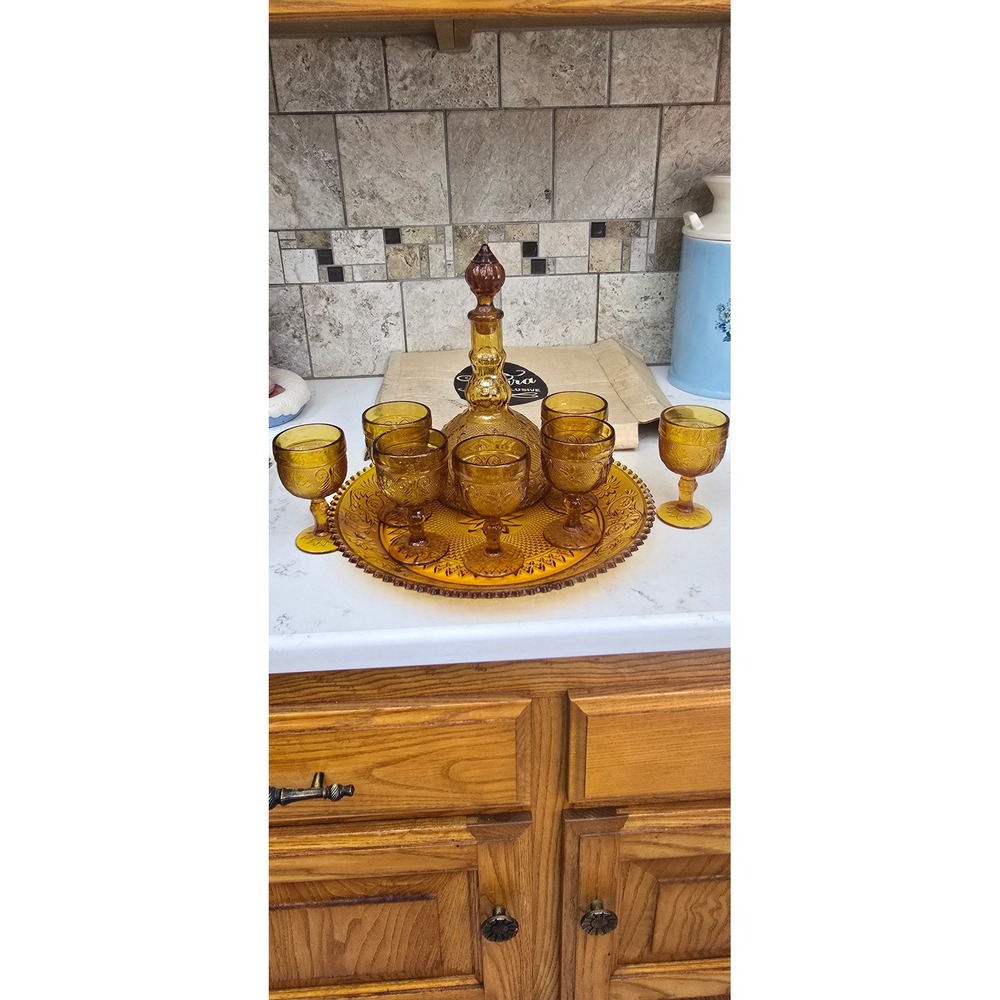 Tiara Exclusive Amber Glass Sandwich Decanter Set 6 Glasses & Tray 8pc Vintage